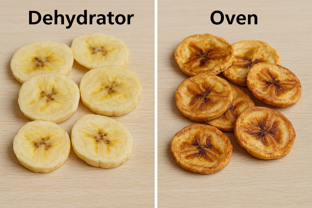 dehydrator-vs-oven-perbandingan.jpg Perbandingan hasil pengeringan keripik pisang menggunakan dehydrator dan oven.